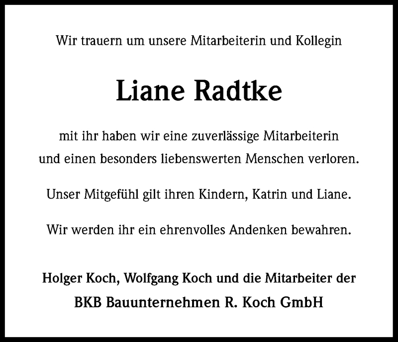 Traueranzeige für Liane Radtke vom 04.04.2015 aus Kölner Stadt-Anzeiger / Kölnische Rundschau / Express