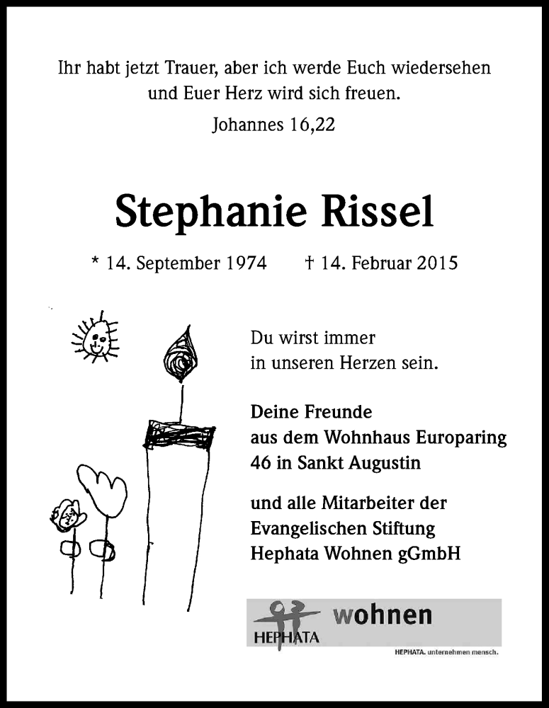  Traueranzeige für Stephanie Rissel vom 18.02.2015 aus Kölner Stadt-Anzeiger / Kölnische Rundschau / Express