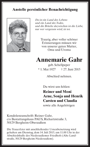 Anzeige von Annemarie Gahr von  Werbepost 