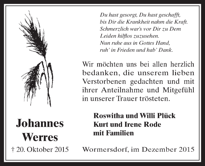  Traueranzeige für Johannes Werres vom 09.12.2015 aus  Schaufenster/Blickpunkt 