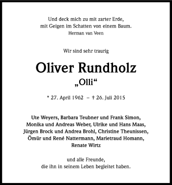 Anzeige von Oliver Rundholz von Kölner Stadt-Anzeiger / Kölnische Rundschau / Express
