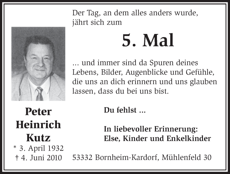  Traueranzeige für Peter Heinrich Kutz vom 03.06.2015 aus  Schlossbote/Werbekurier 