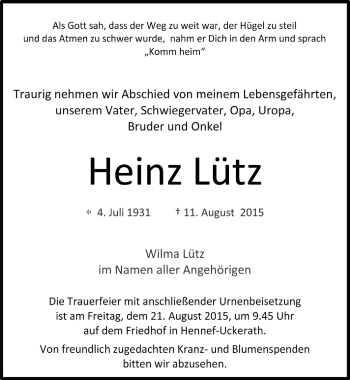 Anzeige von Heinz Lütz von  Extra Blatt 