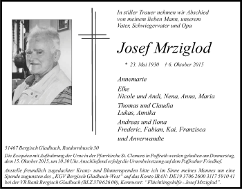 Anzeige von Josef Mrziglod von Kölner Stadt-Anzeiger / Kölnische Rundschau / Express