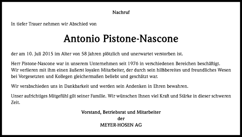  Traueranzeige für Antonio Pistone-Nascone vom 18.07.2015 aus Kölner Stadt-Anzeiger / Kölnische Rundschau / Express