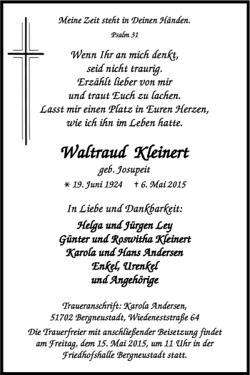 Anzeige von Waltraud Kleinert von Kölner Stadt-Anzeiger / Kölnische Rundschau / Express