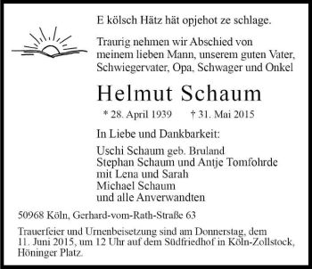 Anzeige von Helmut Schaum von Kölner Stadt-Anzeiger / Kölnische Rundschau / Express
