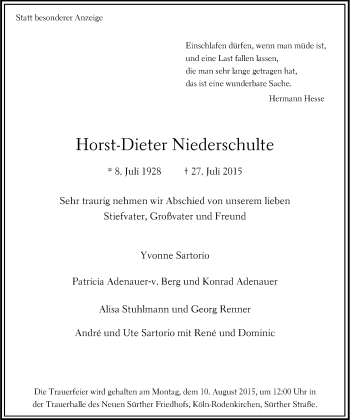 Anzeige von Horst-Dieter Niederschulte von Kölner Stadt-Anzeiger / Kölnische Rundschau / Express