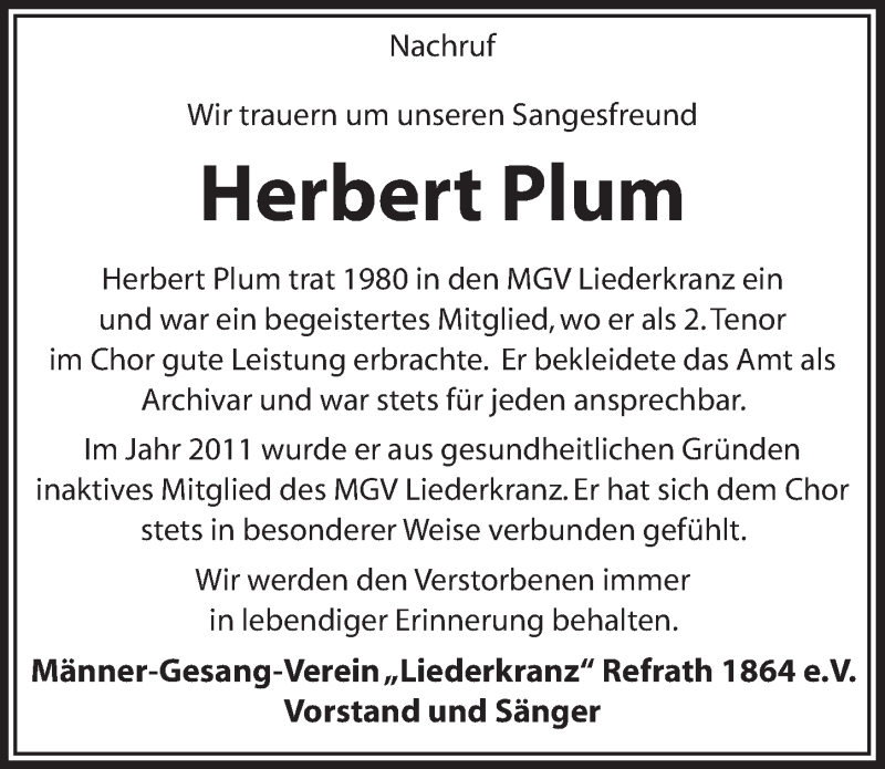  Traueranzeige für Herbert Plum vom 07.03.2015 aus  Bergisches Sonntagsblatt 