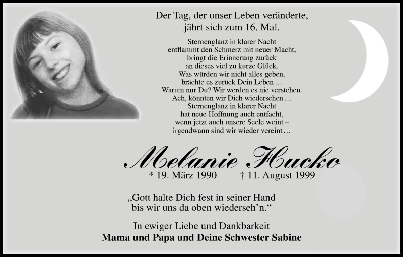 Traueranzeige für Melanie Hucko vom 11.08.2015 aus Kölner Stadt-Anzeiger / Kölnische Rundschau / Express