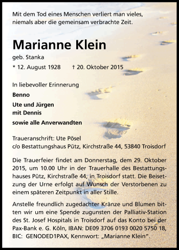 Anzeige von Marianne Klein von Kölner Stadt-Anzeiger / Kölnische Rundschau / Express