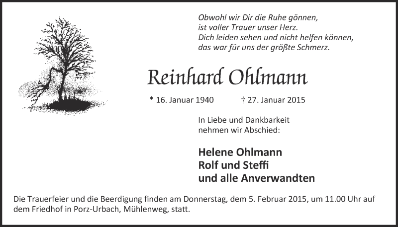  Traueranzeige für Reinhard Ohlmann vom 04.02.2015 aus  Kölner Wochenspiegel 