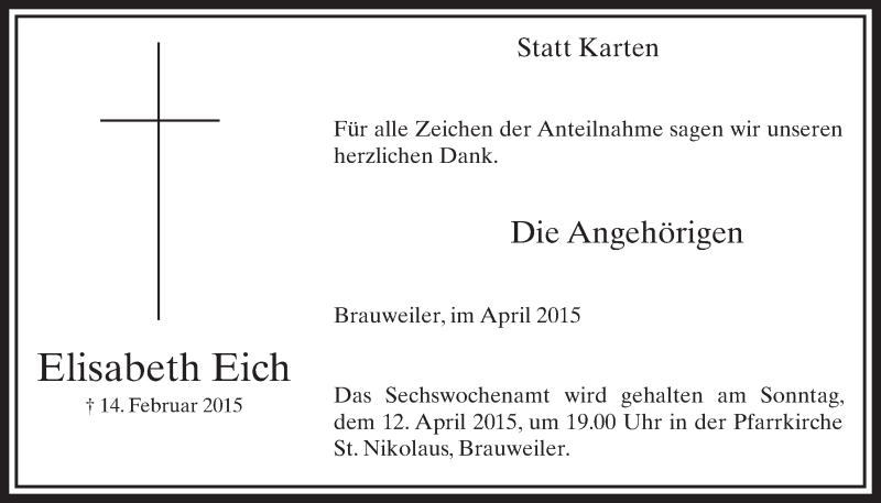 Traueranzeige für Elisabeth Eich vom 04.04.2015 aus  Sonntags-Post 