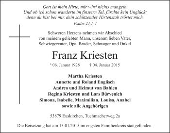 Anzeige von Franz Kriesten von  Werbepost 