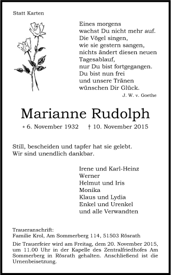 Anzeige von Marianne Rudolph von Köln - Wir Trauern