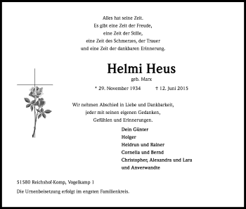 Anzeige von Helmi Heus von Kölner Stadt-Anzeiger / Kölnische Rundschau / Express