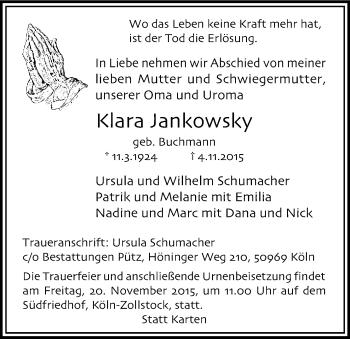 Anzeige von Klara Jankowsky von Köln - Wir Trauern