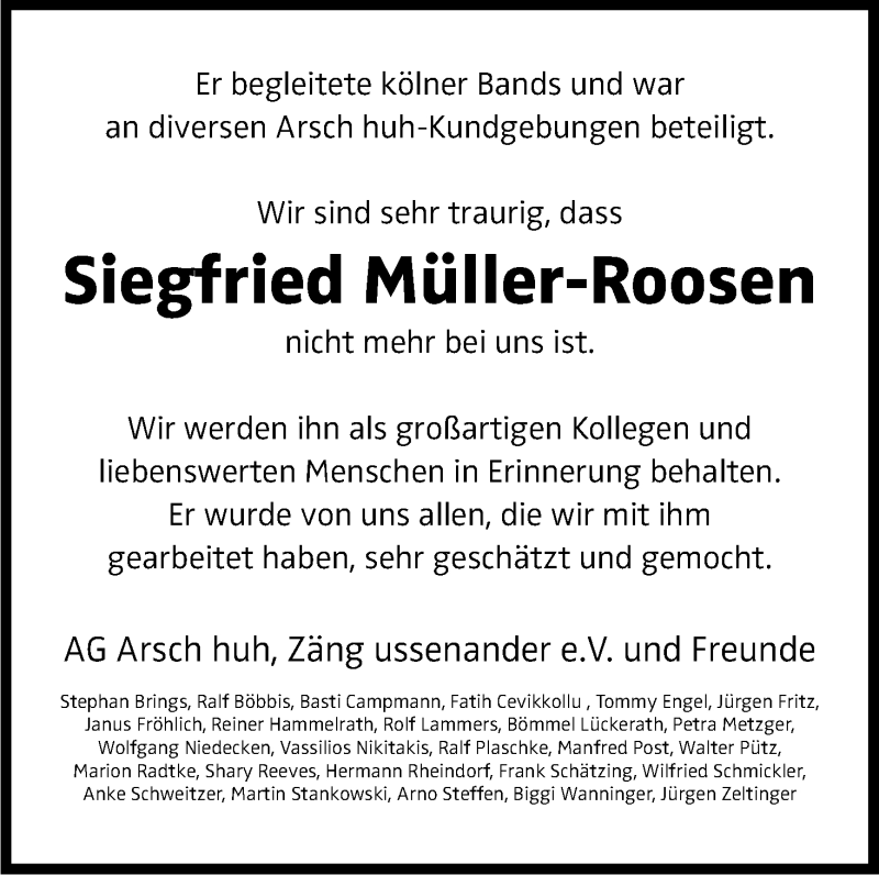  Traueranzeige für Siegfried Müller-Roosen vom 28.11.2015 aus Kölner Stadt-Anzeiger / Kölnische Rundschau / Express