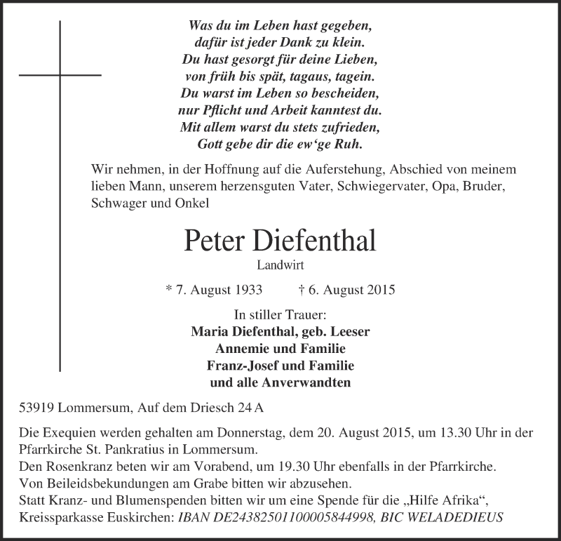  Traueranzeige für Peter Diefenthal vom 16.08.2015 aus  Blickpunkt Euskirchen 