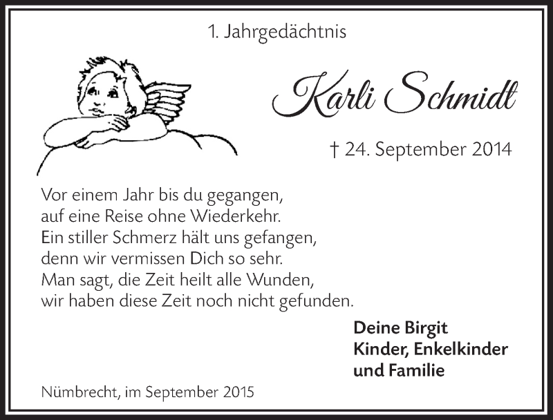  Traueranzeige für Karli Schmidt vom 23.09.2015 aus  Lokalanzeiger 