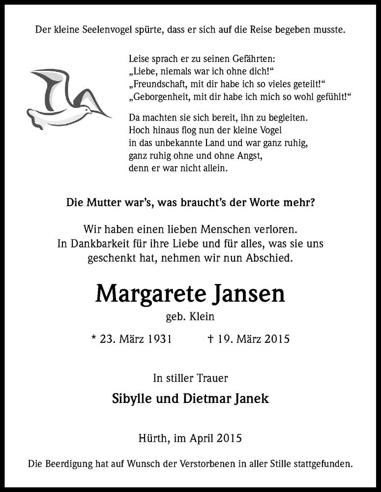  Traueranzeige für Margarete Jansen vom 04.04.2015 aus Kölner Stadt-Anzeiger / Kölnische Rundschau / Express