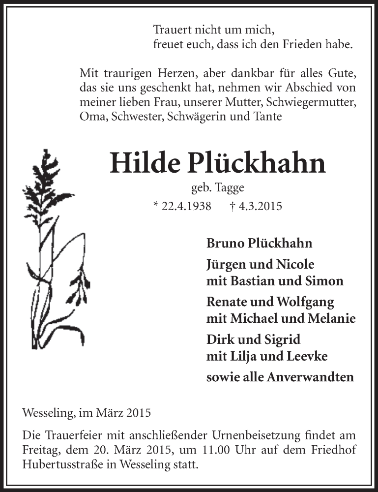  Traueranzeige für Hilde Plückhahn vom 18.03.2015 aus  Schlossbote/Werbekurier 