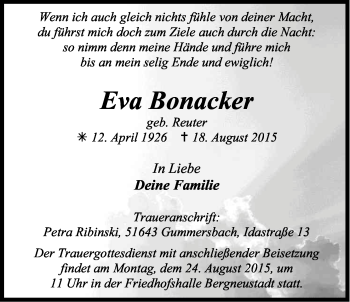 Anzeige von Eva Bonacker von Kölner Stadt-Anzeiger / Kölnische Rundschau / Express