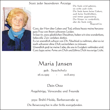 Anzeige von Maria Jansen von  Schlossbote/Werbekurier 