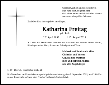 Anzeige von Katharina Freitag von Kölner Stadt-Anzeiger / Kölnische Rundschau / Express