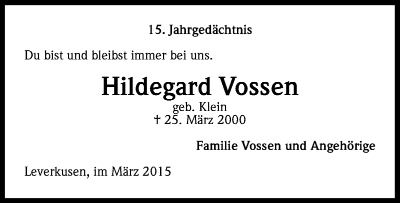  Traueranzeige für Hildegard Vossen vom 25.03.2015 aus Kölner Stadt-Anzeiger / Kölnische Rundschau / Express