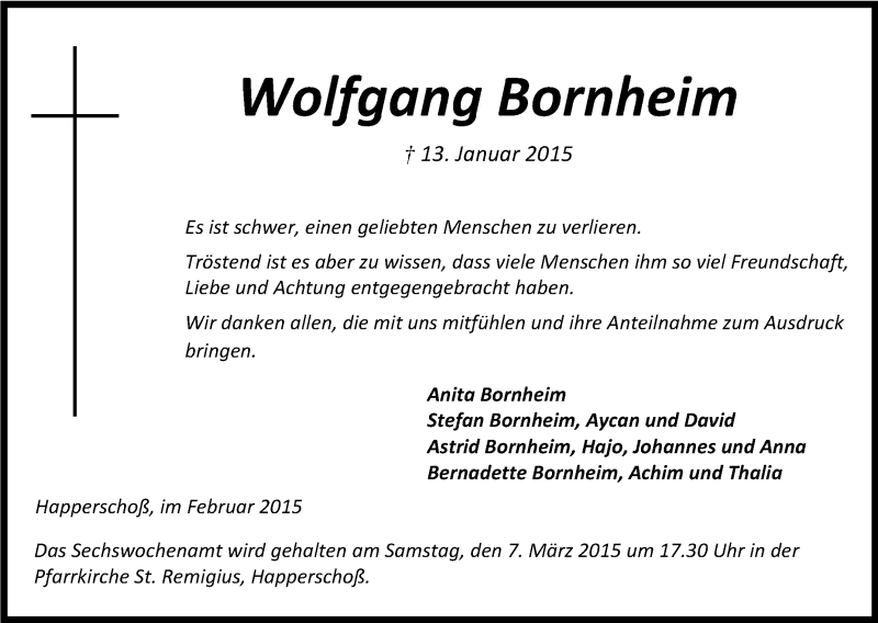  Traueranzeige für Wolfgang Bornheim vom 21.02.2015 aus Kölner Stadt-Anzeiger / Kölnische Rundschau / Express