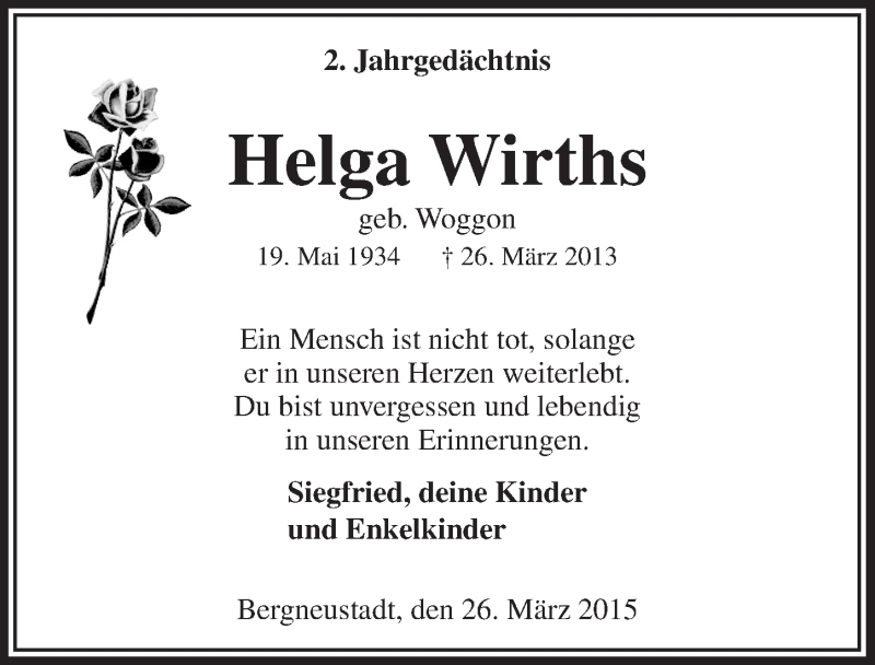  Traueranzeige für Helga Wirths vom 25.03.2015 aus  Anzeigen Echo 