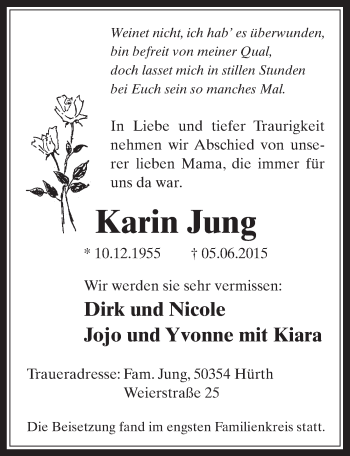 Anzeige von Karin Jung von  Wochenende 