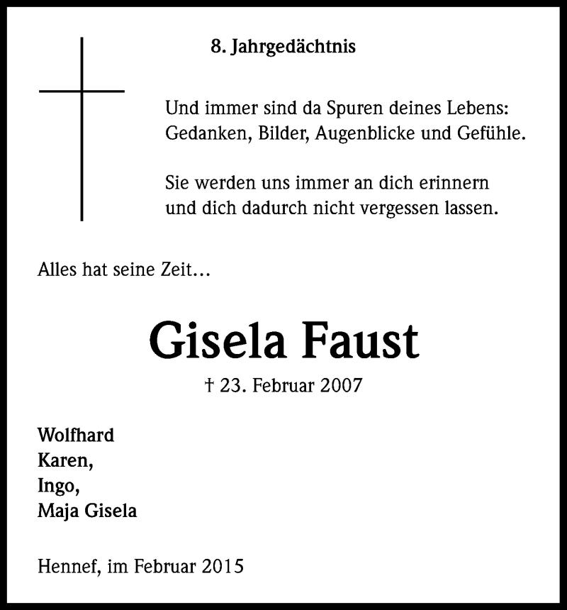  Traueranzeige für Gisela Faust vom 23.02.2015 aus Kölner Stadt-Anzeiger / Kölnische Rundschau / Express