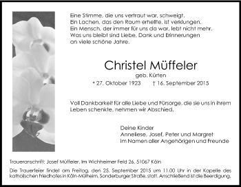 Anzeige von Christel Müffeler von Kölner Stadt-Anzeiger / Kölnische Rundschau / Express