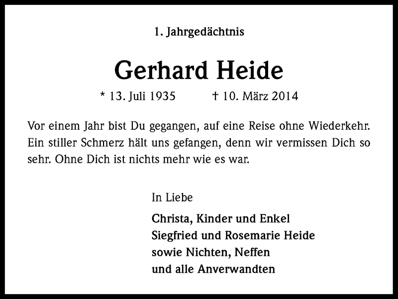  Traueranzeige für Gerhard Heide vom 10.03.2015 aus Kölner Stadt-Anzeiger / Kölnische Rundschau / Express