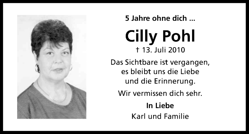  Traueranzeige für Cilly Pohl vom 13.07.2015 aus Kölner Stadt-Anzeiger / Kölnische Rundschau / Express