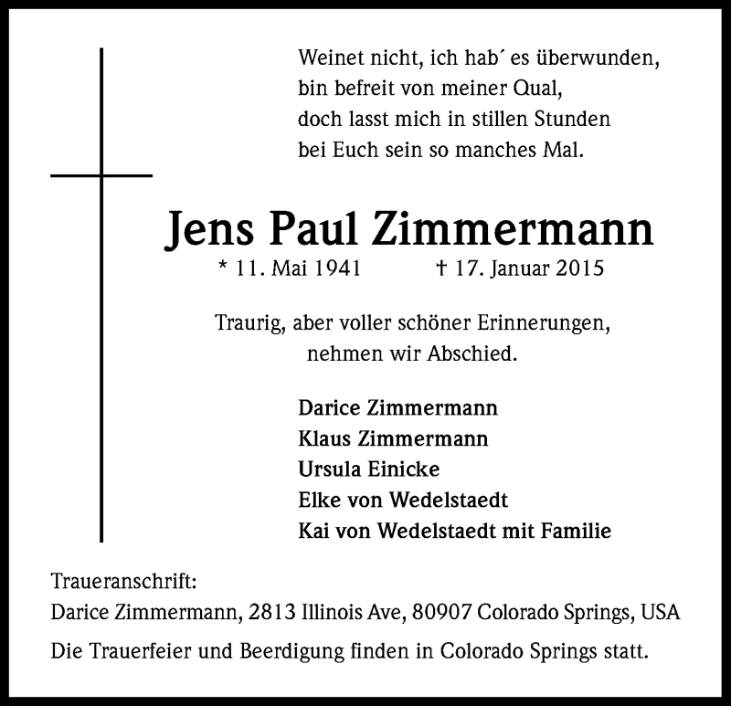  Traueranzeige für Jens Paul Zimmermann vom 24.01.2015 aus Kölner Stadt-Anzeiger / Kölnische Rundschau / Express