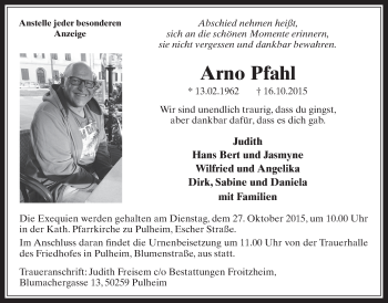 Anzeige von Arno Pfahl von  Wochenende 