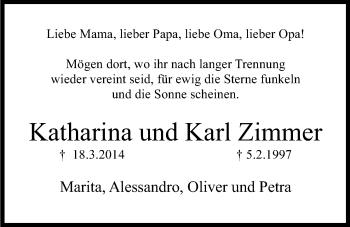 Anzeige von Katharina und Karl Zimmer von Kölner Stadt-Anzeiger / Kölnische Rundschau / Express