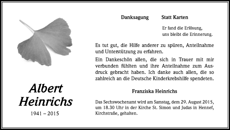  Traueranzeige für Albert Heinrichs vom 22.08.2015 aus Kölner Stadt-Anzeiger / Kölnische Rundschau / Express