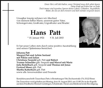 Anzeige von Hans Patt von Kölner Stadt-Anzeiger / Kölnische Rundschau / Express