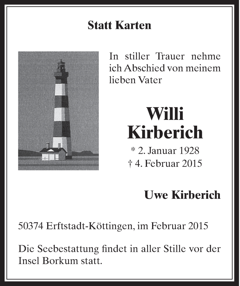  Traueranzeige für Willi Kirberich vom 18.02.2015 aus  Schlossbote/Werbekurier  Werbepost 