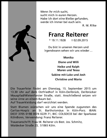 Anzeige von Franz Reiterer von Kölner Stadt-Anzeiger / Kölnische Rundschau / Express