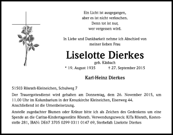 Anzeige von Liselotte Dierkes von Kölner Stadt-Anzeiger / Kölnische Rundschau / Express