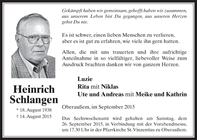  Traueranzeige für Heinrich Schlangen vom 16.09.2015 aus  Werbepost 
