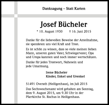 Anzeige von Josef Bücheler von Kölner Stadt-Anzeiger / Kölnische Rundschau / Express