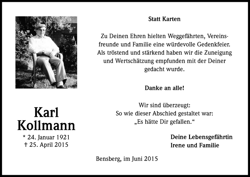  Traueranzeige für Karl Kollmann vom 13.06.2015 aus Kölner Stadt-Anzeiger / Kölnische Rundschau / Express