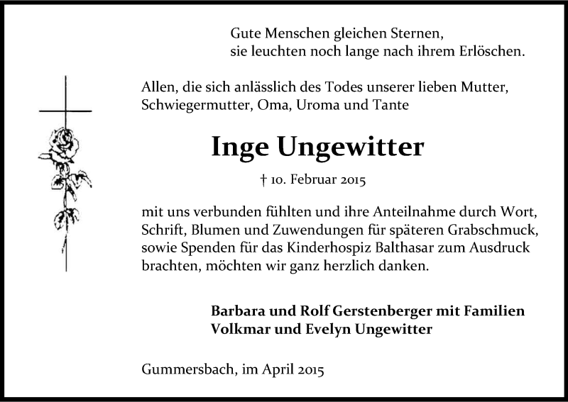  Traueranzeige für Inge Ungewitter vom 04.04.2015 aus Kölner Stadt-Anzeiger / Kölnische Rundschau / Express