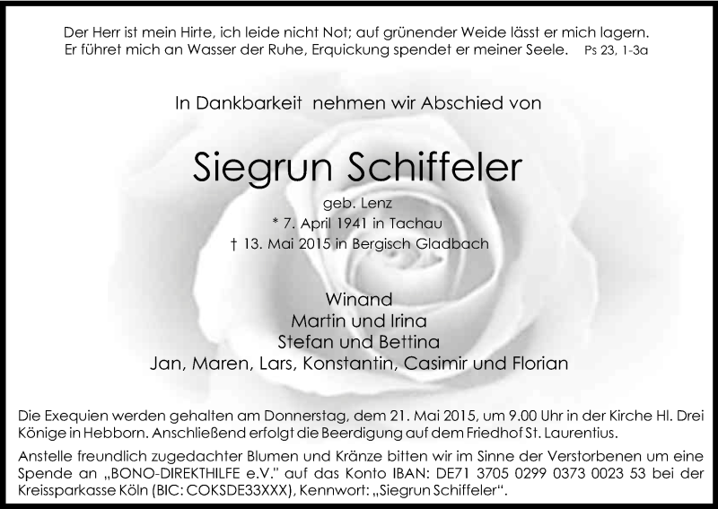  Traueranzeige für Siegrun Schiffeler vom 16.05.2015 aus Kölner Stadt-Anzeiger / Kölnische Rundschau / Express